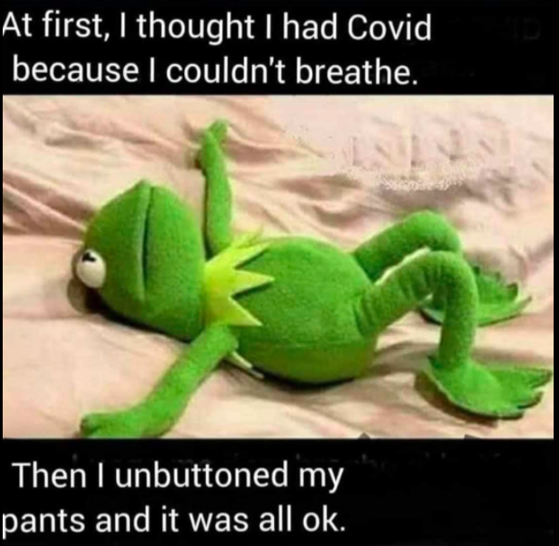 kermit on bed with caption: "At first I thought I had Covid because I couldn't breathe. Then I unbuttoned my pants and it was all ok."