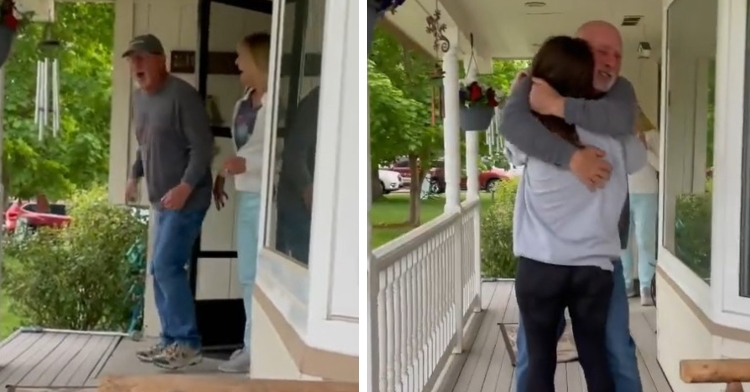 man walking just outside front door with a shocked look on his face then an image of that same man hugging a young woman tightly on that same front porch