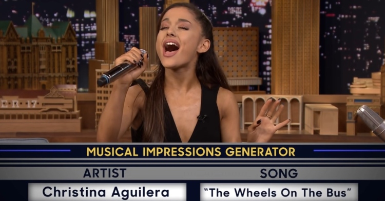 ariana grande singing the wheels on the bus in the style of christina aguilera on the tonight show starring jimmy fallon