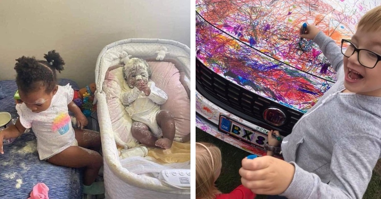 toddler sitting on a bed with an open container of baby formula next to a baby crib with a baby covered in baby formula laying inside and two little kids using markers to draw on a white vehicle that is covered with colorful marker drawings