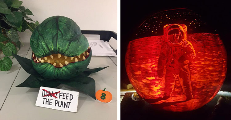 pumpkin carved like man eating plant next to pumpkin with astronaut carved in