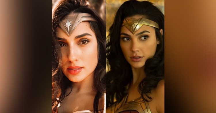 headshot of a woman dressed as wonder woman who looks like gal gadot next to a closeup of the real gal gadot as wonder woman
