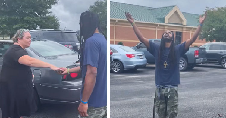 woman handing man car keys next to man with hands lifted in parking lot