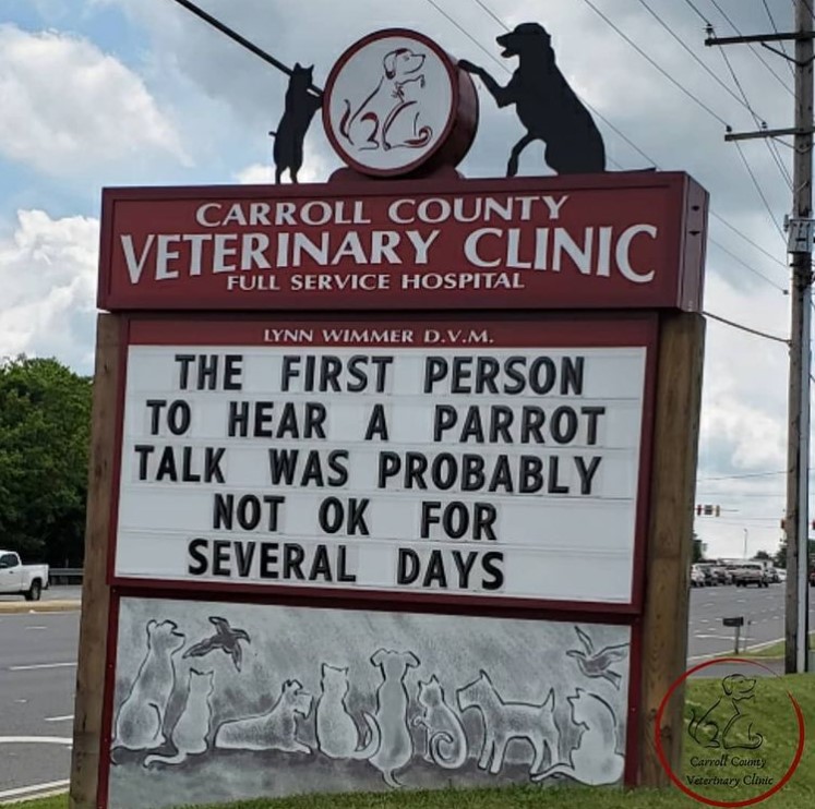 carrol county veterinary clinic sign that reads "the first person to hear a parrot talk was probably not ok for several days"