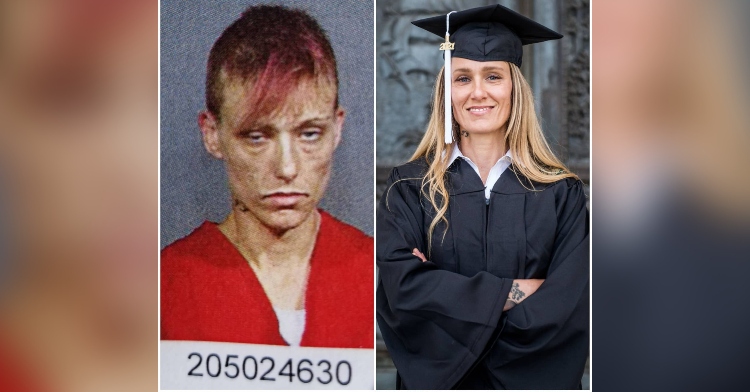 image of an unhealthy woman on crack in jail next to an image of that same woman looking healthy and smiling while wearing a graduation cap and gown