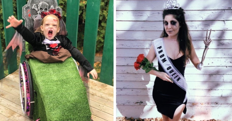 little girl dressed as a zombie and sitting in a wheelchair designed to look like she's coming out of a grave and woman with an amputated arm using a skeleton arm in place of her real arm while dressed like a prom queen