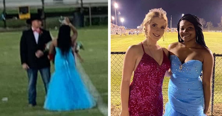 homecoming queen giving away crown next to two students smiling in homecoming dresses