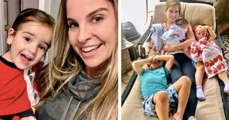 mom holding son next to mom on couch with kids around her