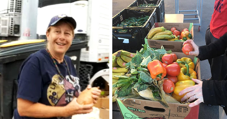 woman smiling outside while holding a vegetable and boxes and crates full of produce and someone going through it while someone stands next to them