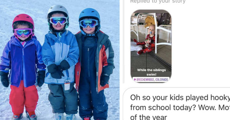 three kids in ski gear in the snow next to social media message about playing hooky