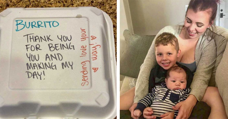 takeout box that reads "thank you for being you and making my day!" next to mom with two small kids