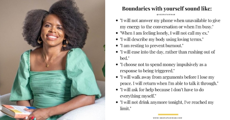 nedra glover tawwab smiling and holding a book and a screenshot of one of her instagram posts listing ways to set boundaries with yourself
