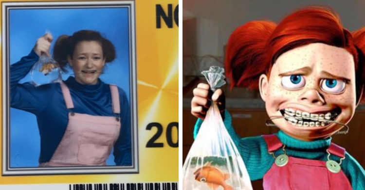 school id with a teen dressed like darla from the movie finding nemo and darla from finding nemo smiling while holding a bag filed with water and a dead fish