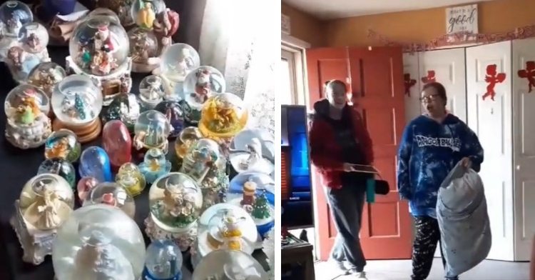 tons of snow globes covering two tables with someone picking one up and 15 year old girl walking into a house with a shocked look on her face and a woman following after her
