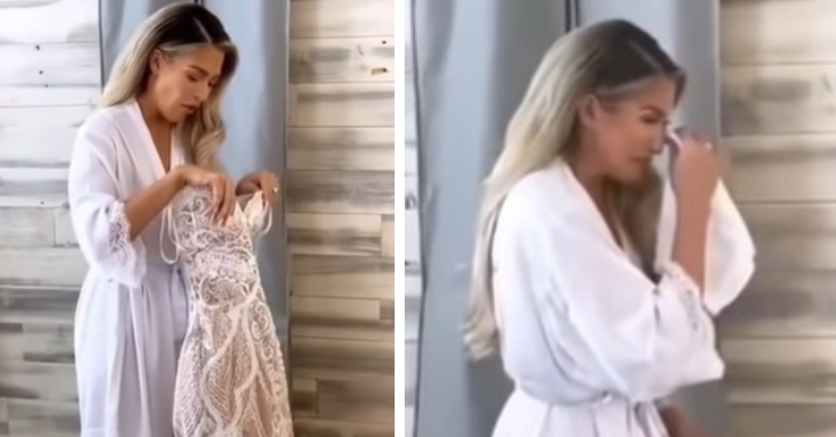 barbie blank surprised while looking inside her wedding dress and a close up of her crying and using a tissue to dry her eyes