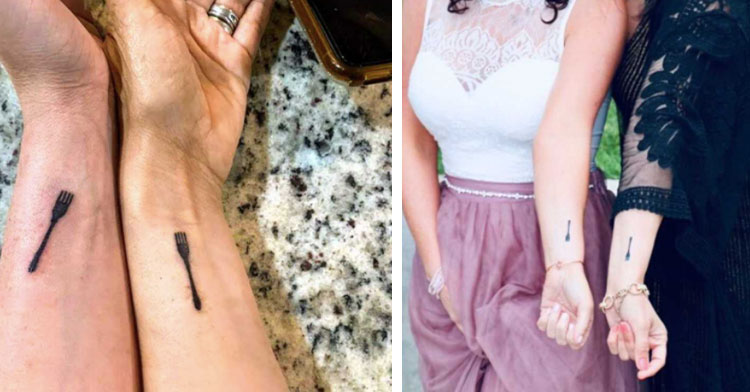 two women with fork tattoos on their wrists