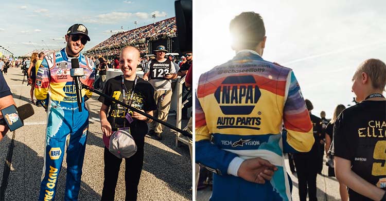 nascar driver standing next to teen with cancer
