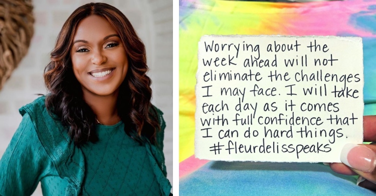 headshot of faith broussard cade smiling and an image of one of her self-care affirmation notes she posts on her instagram