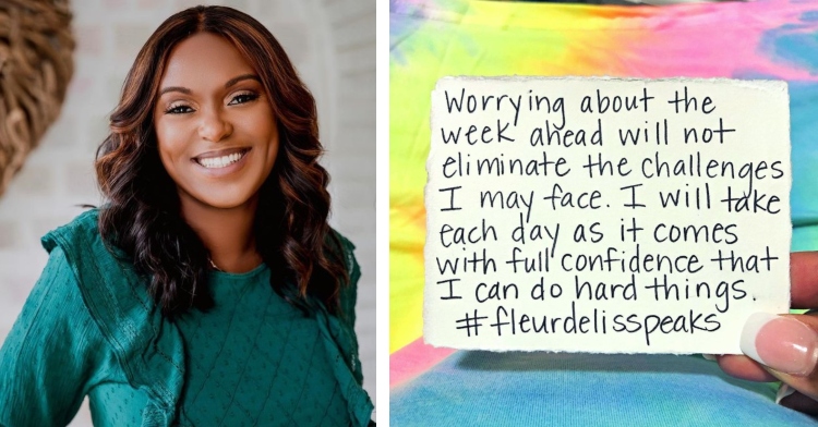 headshot of faith broussard cade smiling and an image of one of her self-care affirmation notes she posts on her instagram