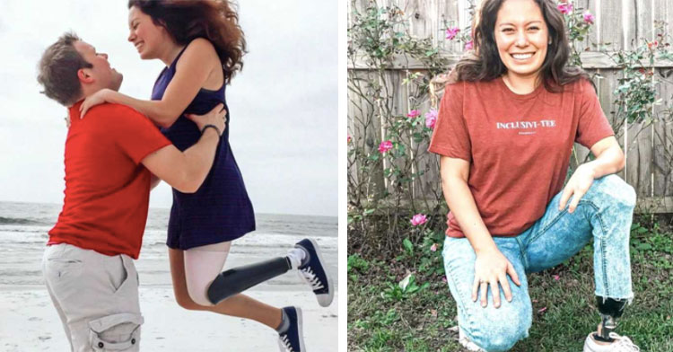 man holding woman with prosthetic leg in air on beach next to same woman crouched on grass