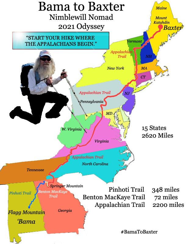 graphic of "bama to baxter nimblewill nomad 2021 odyssey" with a photo of nimblewill nomad and an image of the states and trail he plans to follow
