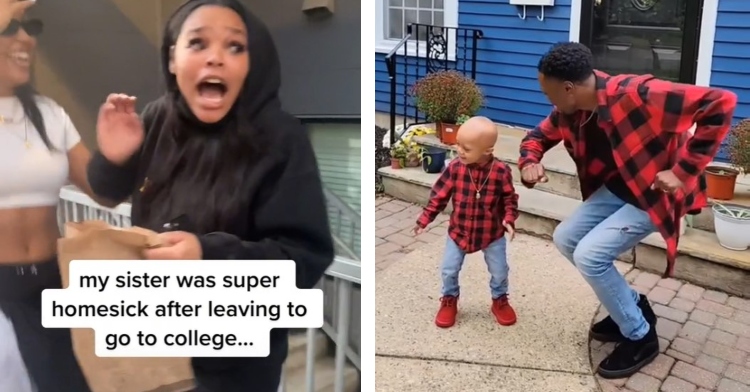 young woman shocked by her sister's surprise visit and a man dancing with his little boy outside in front of their house