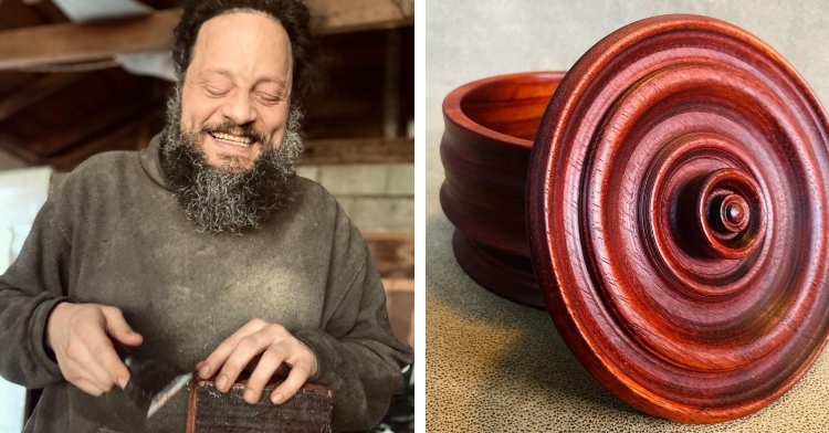 blind wood worker john furniss smiling while woodworking and a red wooden bowl with a lid that he created