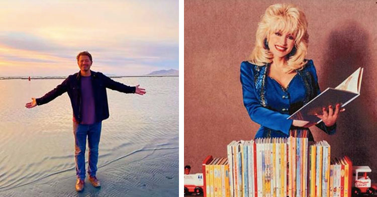 misha collins on beach next to dolly parton surrounded by books