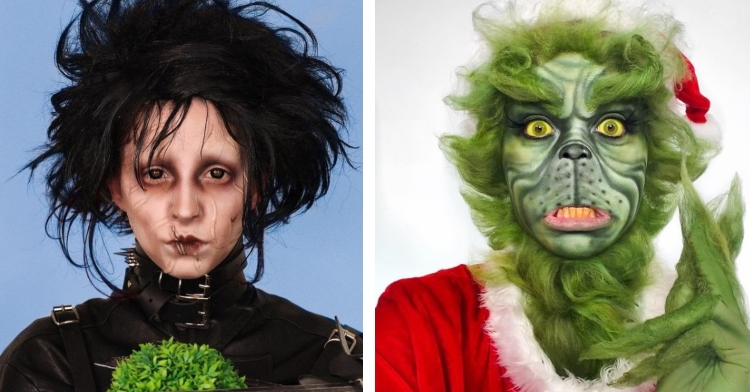 makeup artist charlotte roberts wearing makeup to look like edward scissorhands and another image of charlotte roberts wearing makeup to look like the grinch