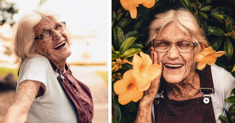 grandma smiling by flowers