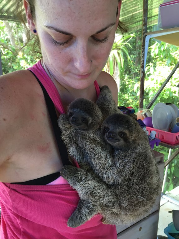 woman looking down at the sloth clinging onto her tank top and another sloth clinging onto the first sloth