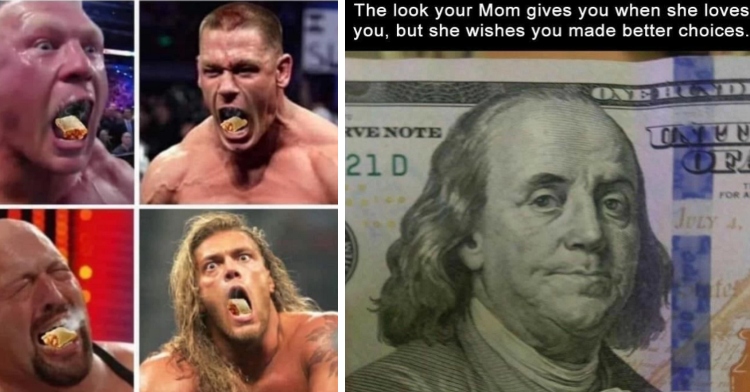 wrestlers and Ben Franklin making funny faces