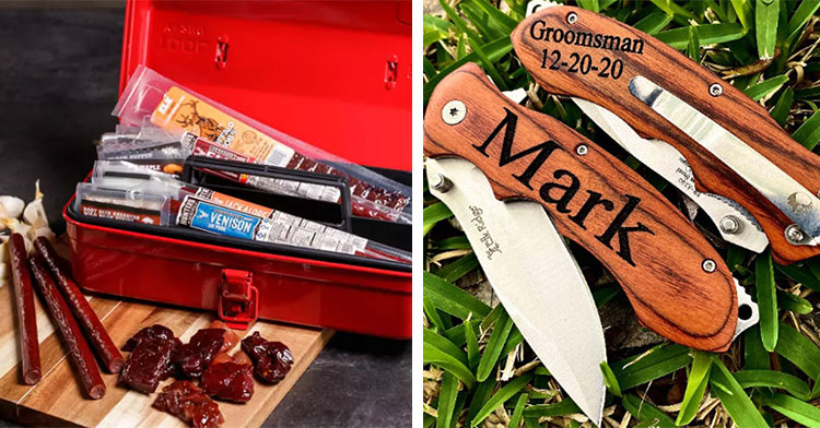 tool box full of jerky next to engraved pocket knife