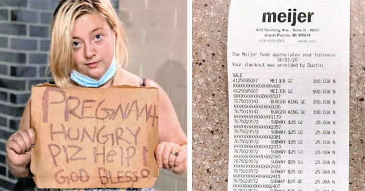 woman holding sign that reads "pregnant, hungry, plz help, god bless" next to picture of long grocery receipt