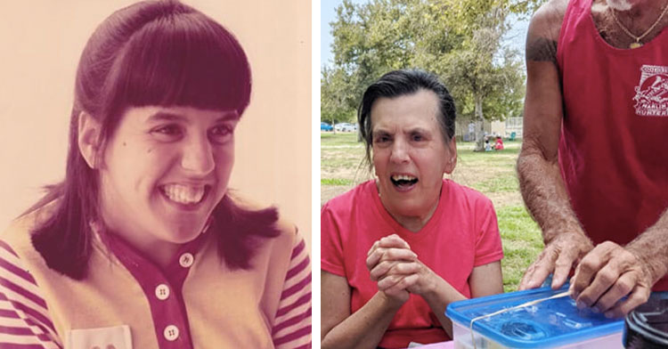 karen ann in old mcdonalds uniform next to her at a picnic table