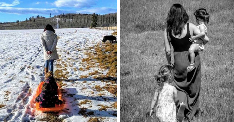 mom pulling kids on sled in snow next to mom holding kids in field