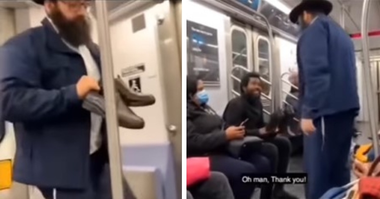 rabbi gauriel benayon holding his sneakers in his hands as he walks in a subway and rabbi gauriel benayon giving a barefoot man on the subway the shoes in he was wearing