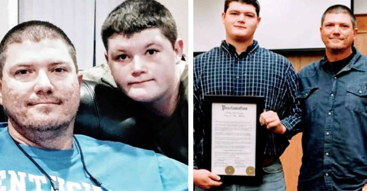 teen holding certificate next to his dad
