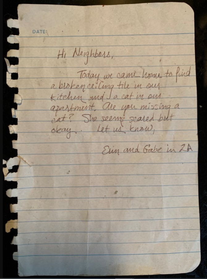 an old page from a notebook with a note from a neighbor to erin and gabe in 2a