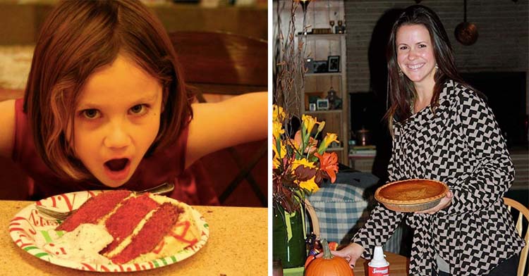little girl hovering over red cake next to woman holding pumpkin pie