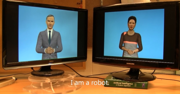 two computer monitors with two different ai robots, one a man and the other a woman with the text "I am a robot" edited onto the image