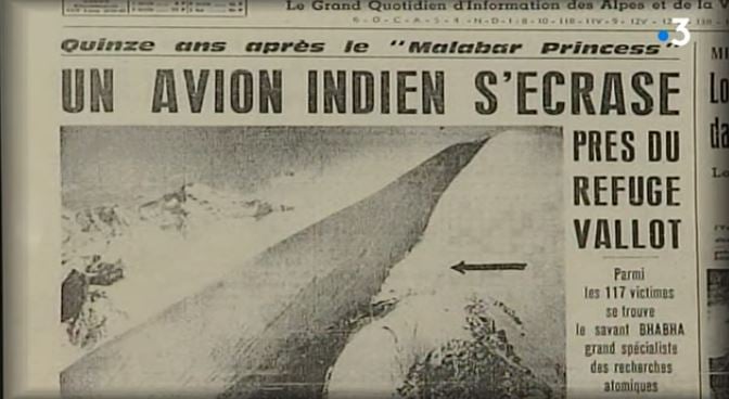 old french newspaper with the headline discussing a plane from india that had crashed into the mountain mont blanc