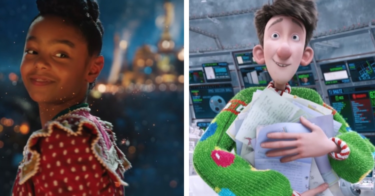 journey from the movie "jingle jangle: a christmas journey" looking back and smiling and arthur from "arthur christmas" smiling while holding countless letters in his hand