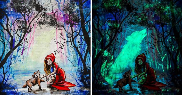 little red riding hood glow-in-the-dark painting in the light and in the dark by artist vivien szaniszlo