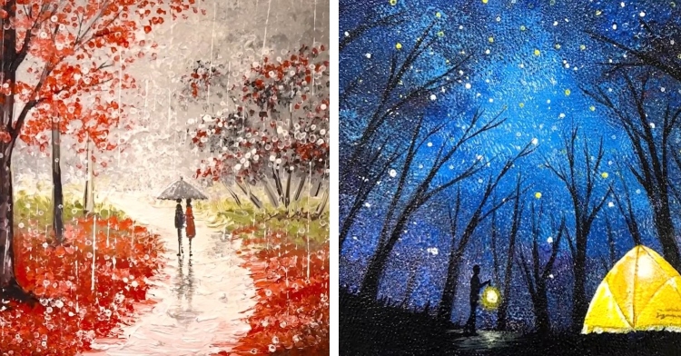 a painting by youtuber jay lee of a couple walking in the rain and another painting by jay lee that's of a starry night in the forest while camping