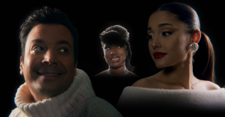 jimmy fallon, ariana grande, and megan thee stallion edited onto a black background from the shoulders up for the music video for "it was a... (masked christmas)"