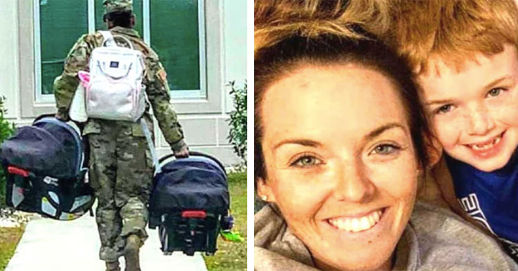 mom in military uniform carrying two baby carriers next to picture of mom with son