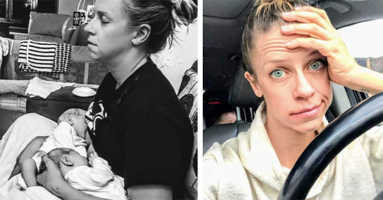 mom breastfeeding twin babies next to mom in car with hand on her head