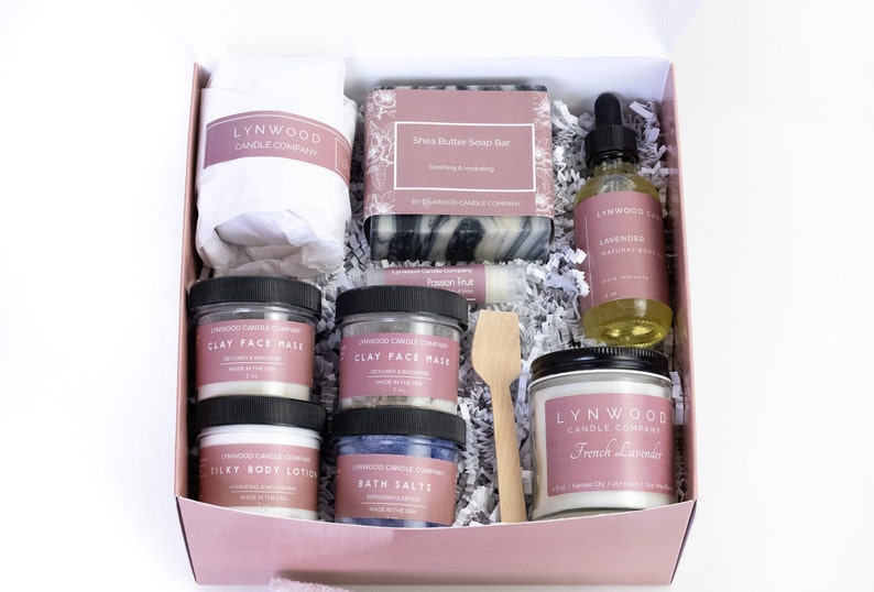 mini spa gifts box with various products from etsy user lynwoodcandlecompany