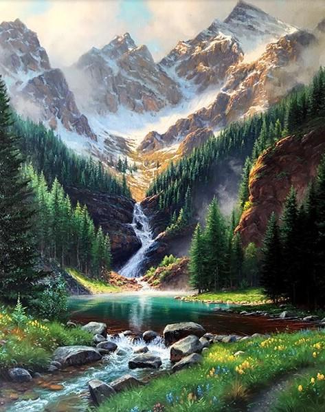 a painting of a large mountain with snow at the very top, green trees at the bottom, and a waterfall in the middle that leads to a small lake